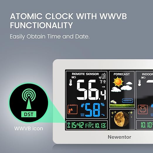 Newentor Weather Station Wireless Indoor Outdoor Thermometer, Color Display Digital Weather Thermometer with Atomic Clock, Barometric Pressure, Forecast Station with Adjustable Backlight,White,2Sensor