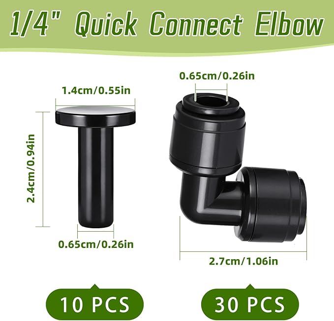 30 PCS Quick Connect 1/4" Drip Irrigation Elbow Fitting, Push-to-Connect Drip Irrigation Elbow Connectors for 1/4 Inch Tubing with 10PCS End Plugs,Hose Connectors for Garden Irrigation System