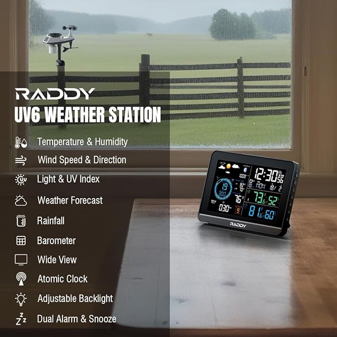 Raddy UV-6 Professional Weather Station with 6" VA Display and Outdoor Sensor, Wireless Indoor Outdoor Temperature & Humidity Monitor, Atomic Clock, UV & Light Index, Wind Speed, Rain Gauge