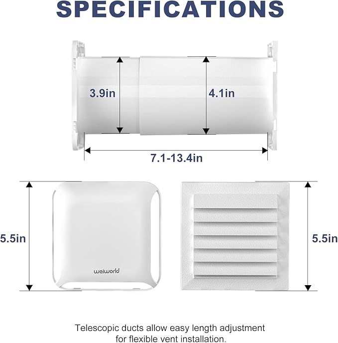 4 Inch Square Passive Air Vent, Adjustable Airflow Ventilation Kit with Extendable Duct - Natural Fresh Air Exchange for Home, Bedroom, Attic (No Motor)