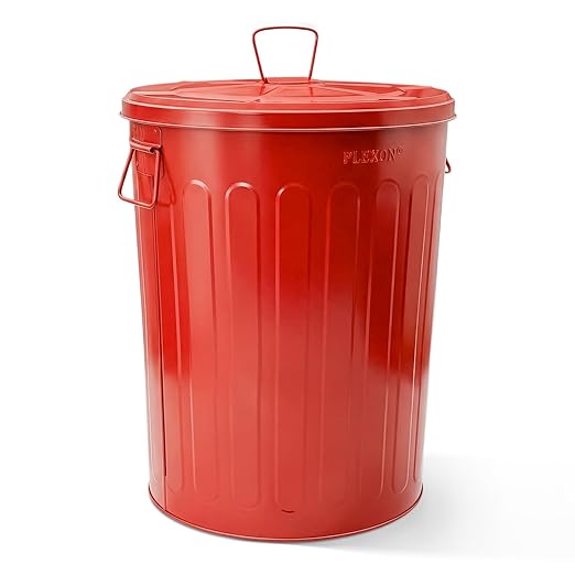 Plexon 20 Gallon Metal Trash Can with Lid Outdoor Large Trash Bin Steel Garbage Can for Garage Patio Farmhouse Bucket Bird Seed Storage Can Heavy Duty Round Container, Red