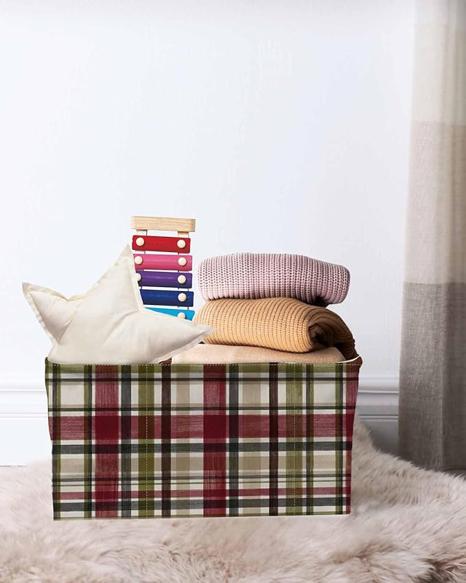 Buffalo Check Storage Bins Cubes Waterproof Cloth Storage Basket, Red Green Farmhouse Plaid Vintage Autumn Foldable Storage Bags for Shelf Closet Clothes Organizers with Handles 15x11x9.5 in 1PCS