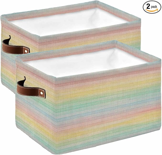 Colorful Striped Storage Bins Cubes Waterproof Cloth Storage Basket, Farmhouse Vertical Striped Burlap Rustic Foldable Storage Bags for Shelf Closet Clothes Organizers with Handles 15x11x9.5 in 2PCS