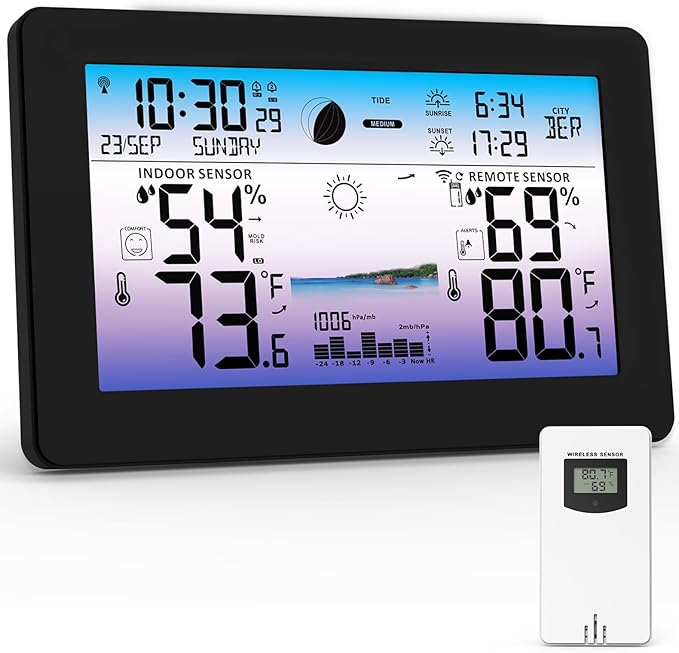 Weather Station Wireless Indoor Outdoor, Digital Thermometer for Home, Large Color HD Display with Remote Sensor, Weather Forecast, Atomic Clock, Moon Phase