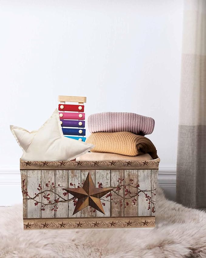 Vintage Texas Star Wooden Storage Bins Cubes Waterproof Cloth Storage Basket, Farmhouse Berry Country Foldable Storage Bags for Shelf Closet Clothes Storages Organizers with Handles 15x11x9.5 in 2PCS