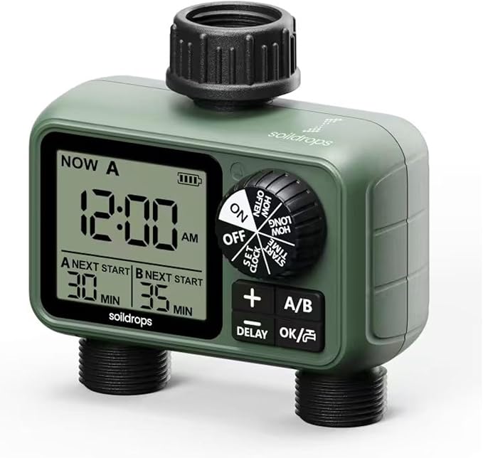 Sprinkler Timer for Garden Hose, Programmable 1 or 2 Outlet Controller with Self-Cleaning Valve, 15-Day Frequency, Large Dial, Rain Delay & Auto-Off, IPX5