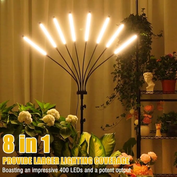 Grow Lights for Indoor Plants [ 8 in1 ] 400 LEDs, Full Spectrum Plant Lights for Indoor Growing with Tripod Stand, Auto On/Off Timing 4/8/12H, Plant Grow Lights Indoor.