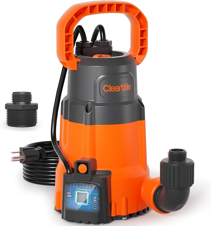 Cleartide 1/3 HP Submersible Utility Pump, 2790 GPH High Flow, Thermoplastic Portable Sump Pump with Auto Water Sensor, Ideal for Flooded Basement & Yard, Hot Tub, Pond & Garden Draining, 10 FT Cord