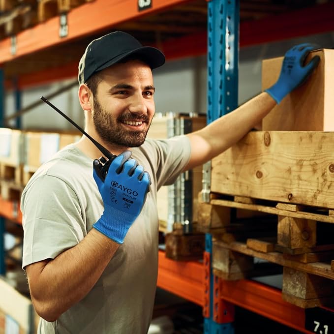 KAYGO Work Gloves for Men and Women, 60 Pairs Seamless Knit PU Coated Safety Gloves, with Smooth Grip on Palm and Fingers, Ideal for Light Warehouse, Manufacturing, Gardening, KG11P (M, Blue)