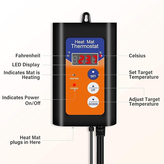 iPower Digital Heat Mat Thermostat Controller for Seed Germination, Reptiles and Brewing Breeding Incubation Greenhouse, 40-108°F, 8.3A 1000W