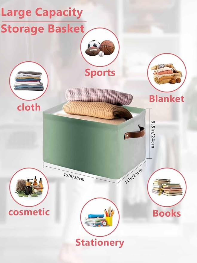 Sage Green Grey Ombre Storage Bins Cubes Waterproof Cloth Storage Basket, Farmhouse Gradient Minimalist Foldable Storage Bags for Shelf Clothes Storages Organizers with Handles 15x11x9.5 in 2PCS