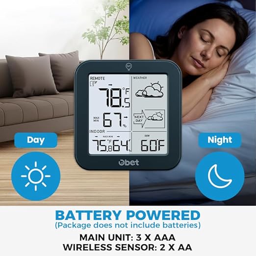 Indoor Outdoor Thermometer Wireless Weather Station, Battery Powered Inside Outside Thermometers Remote Temperature Humidity Monitor with Backlight and Dew-point for Office Bedroom Greenhouse (500 Ft)
