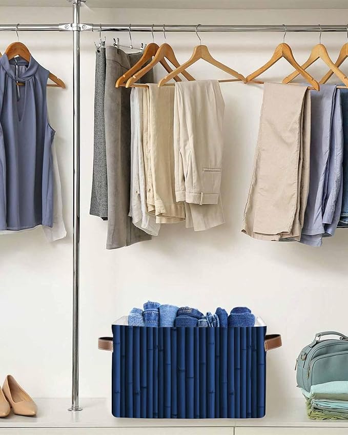Dark Blue Storage Bins Cubes Waterproof Cloth Storage Basket, Retro Farmhouse Plants Wall Lines Texture Foldable Storage Bags for Shelf Clothes Storages Organizers with Handles 15x11x9.5 in 1PCS