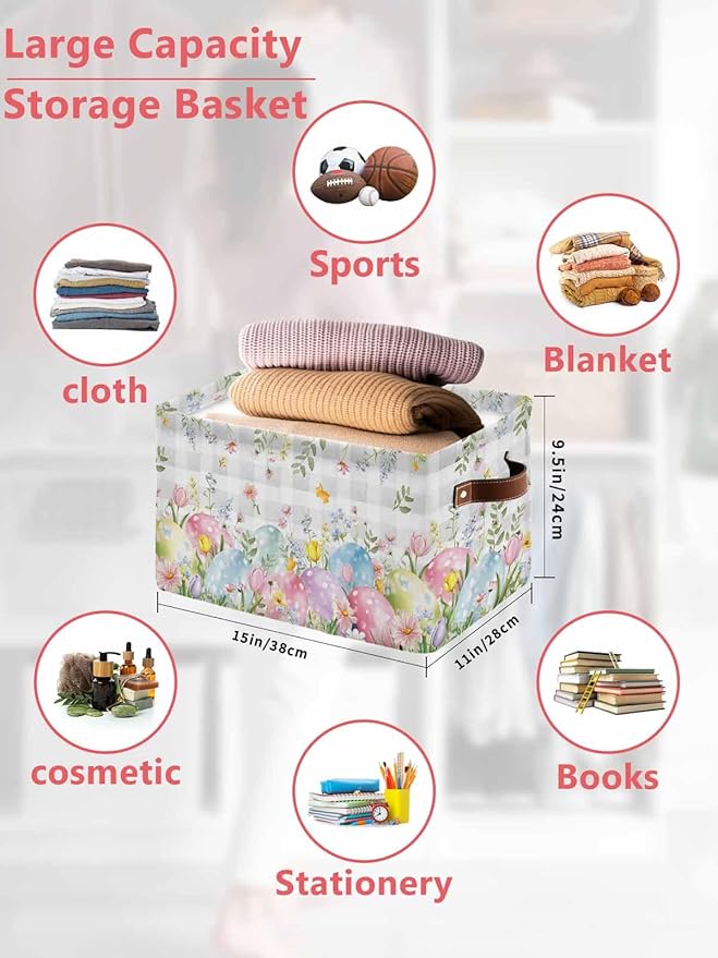 Easter Eggs Storage Bins Cubes Waterproof Cloth Storage Basket,Spring Daisy Eucalyptus Leaves Gray Plaid Foldable Storage Bags for Shelf Clothes Storages Organizers with Handles 15x11x9.5 in 1PCS