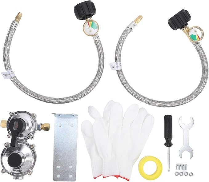 RV Gas Regulator, 2 Stage Auto Changeover LP Gas Regulator with Pressure Meter and 18in Hose, for RVs Trailers Trucks
