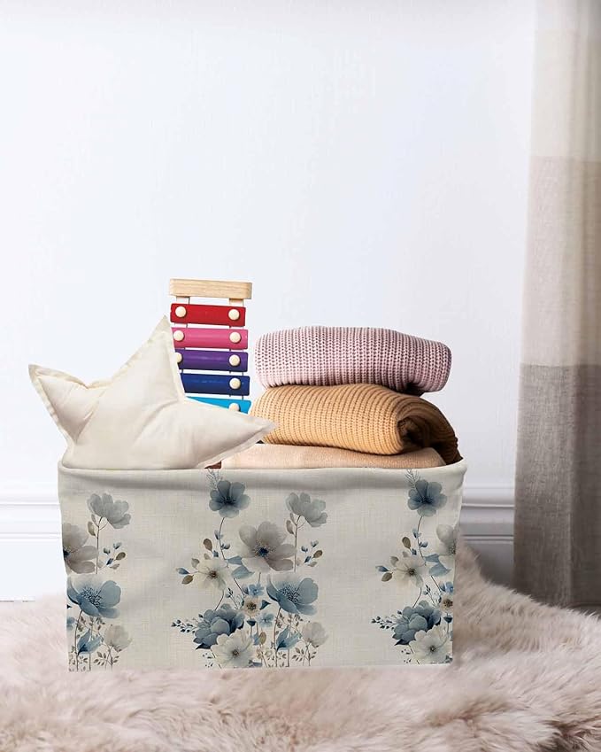 Blue Grey Floral Storage Bins Cubes Waterproof Cloth Storage Basket, Watercolor Flowers Linen Texture Foldable Storage Bags for Shelf Closet Clothes Organizers with Handles 15x11x9.5 in 2PCS