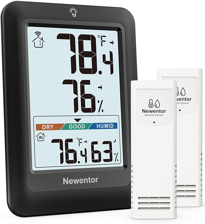 Newentor Indoor Outdoor Thermometer Wireless, Weather Stations Wireless Indoor Outdoor, Outdoor Thermometers for Patio House, Outside Inside Thermometers with Comfort Indicator, Black with 2 Sensors