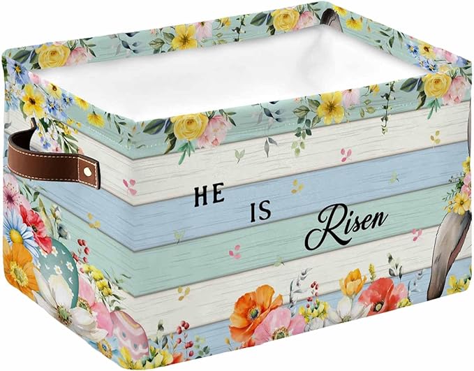 Easter Storage Bins Cubes Waterproof Cloth Storage Basket,Spring Farmhouse Bunny Flower Teal Blue Wood Grain Foldable Storage Bags for Shelf Clothes Storages Organizers with Handles 15x11x9.5 in 1PCS