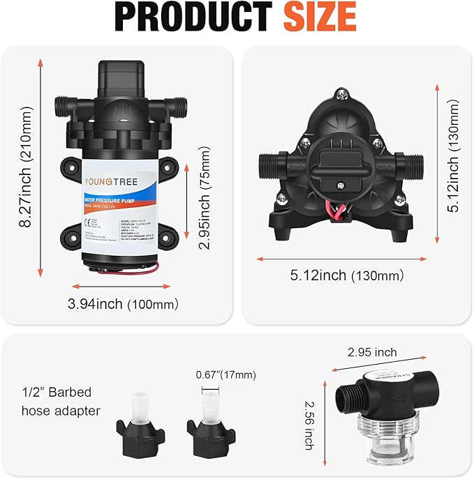 YOUNGTREE 12V DC RV Water Diaphragm Pump 3.5 GPM 45PSI, 12Volt Self-Priming Fresh Water Pressure Pump with Pressure Switch for RV Camper Boat Home Off-Grid