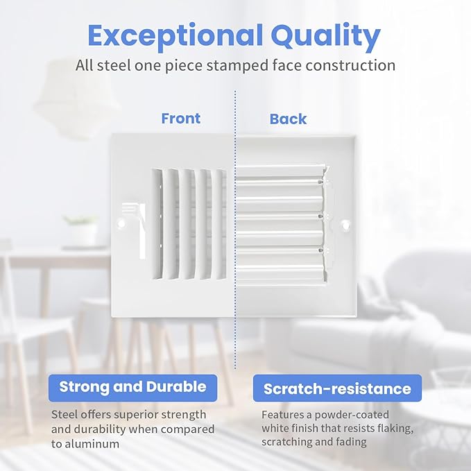 6 x 4 Inch [Duct Opening] Air Vent Covers for Wall or Ceiling - High Airflow 2 Way Steel Ventilation - Adjustable Wall/Ceiling Register, 7-3/4 Inch x 5-3/4 Inch [Overall Dimensions]