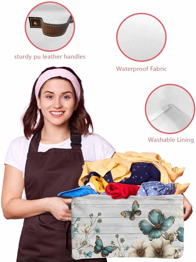 Teal Tulip Butterfly Storage Bins Cubes Waterproof Cloth Storage Basket,Beige Turquoise Floral Grey Wooden Foldable Storage Bags for Shelf Clothes Storages Organizers with Handles 15x11x9.5 in 1PCS