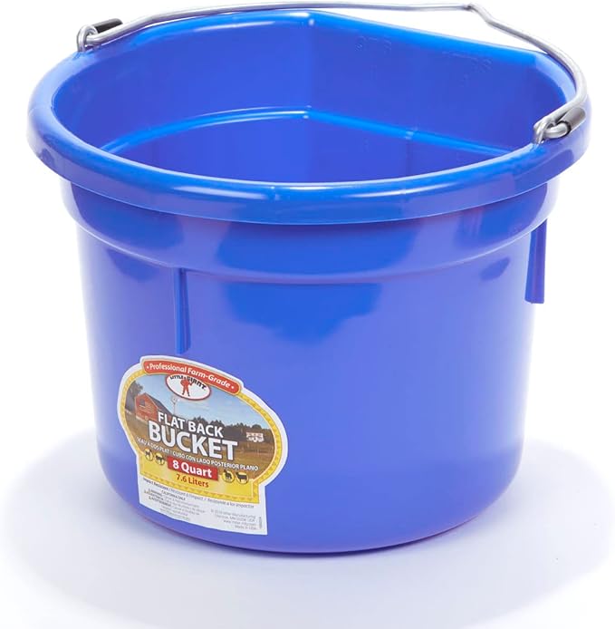 Little Giant® Flat Back Plastic Animal Feed Bucket | Animal Feed Bucket with Metal Handle | Horse Stall Feeding and Watering Supplies (Blue, 8 Quart)