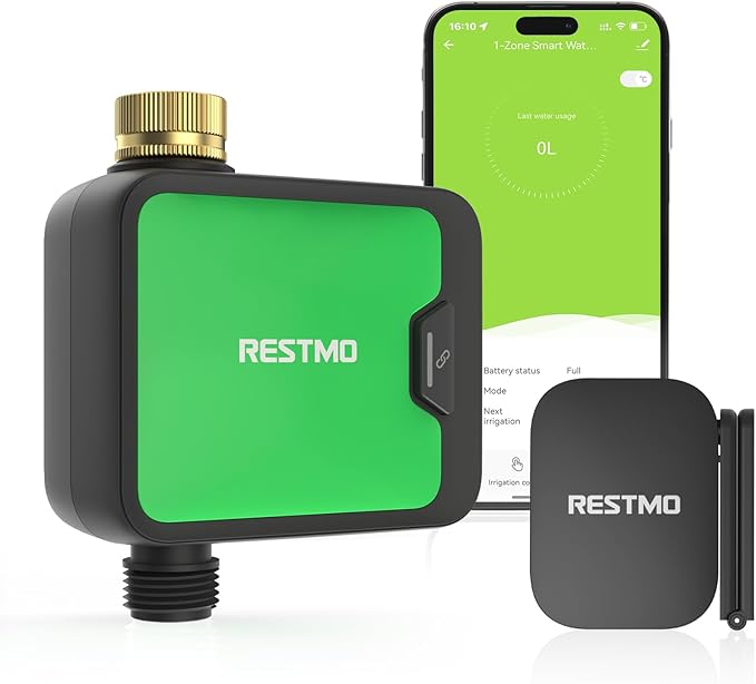 RESTMO Smart WiFi Water Timer for Garden Hose, Sprinkler Timer with APP Control & Brass Inlet, Rain Delay/Manual/Automatic Watering System, Quantity or Timed Irrigation Modes for Misting, Garden