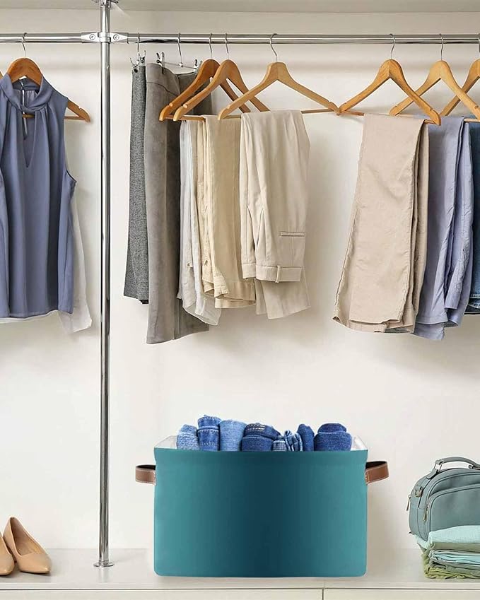 Turquoise Grey Ombre Storage Bins Cubes Waterproof Cloth Storage Basket, Farmhouse Gradient Minimalist Foldable Storage Bags for Shelf Closet Clothes Storages Organizers with Handles 15x11x9.5 in 1PCS