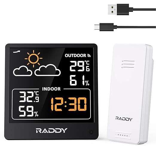 Raddy WF-50V Indoor Outdoor Thermometer Hygrometer, Wireless Weather Station Temperature & Humidity Monitor with 5.0’’ VA Display, USB-C Powered, Weather Forecast, Wireless Remote Sensor (Black)