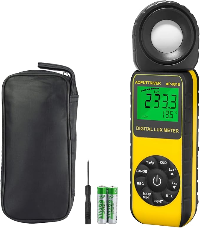 Digital Light Meter,Illuminance Meter Range up to 300,000 Lux Handheld Ambient Temperature 270ºDegree Rotatable Detector/0.4 Second Response