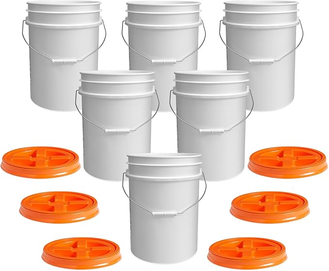 ePackageSupply 5 Gallon Bucket - Food Grade Bucket with Airtight Gamma Seal Screw-On Lid, BPA-Free, Heavy-Duty 90 Mil HDPE Plastic, Bulk Storage, Durable Container, Made in USA, White/Orange, 6 Packs