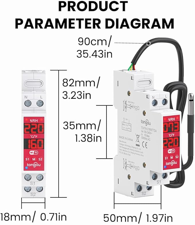 TONGOU WiFi Smart Temperature Humidity Controller Switch, DIN Rail Dry Contact Output,Tuya/ Smart Life Remote Temperature Humidity Monitor, for Electrical Cabinet/ Greenhouse Incubator, FCC Certified
