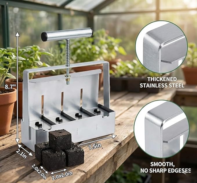 Soil Blocker 4 Cell 2 Inch – Heavy Duty Stainless Steel Soil Block Maker with Ergonomic Handle & 3 Size Seed Pins – Handheld Soil Blocker for Seed Starting, Greenhouse, Garden Tools
