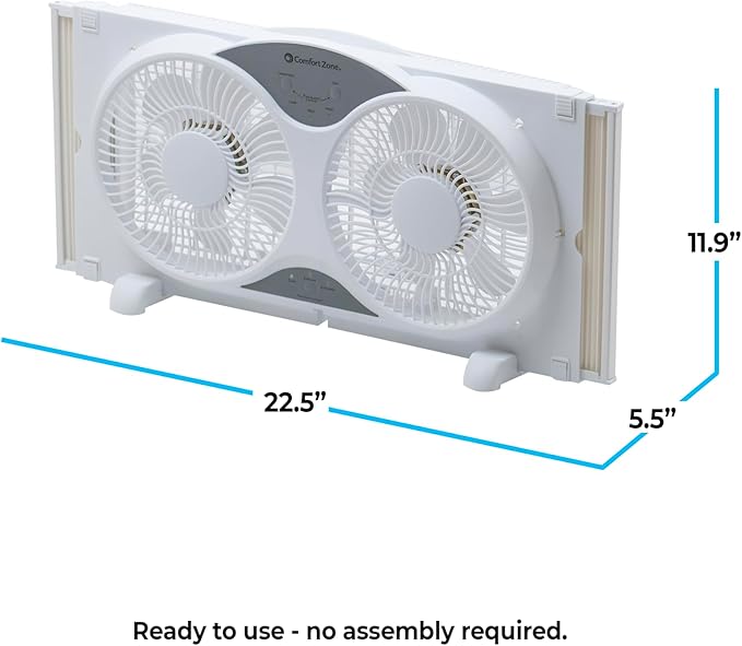 Comfort Zone Window Fan for Bedroom, 9 inch 3 Speed Dual Fans with Auto-Locking Expanders, 3 Modes (Cool, Circulate, Exhaust), Remote Control, Fabric Cover plus Bug Screen, White