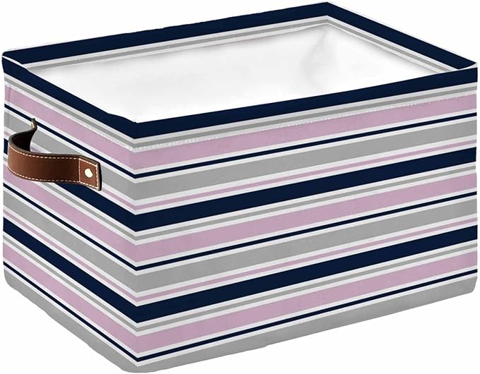 Pink Grey Striped Storage Bins Cubes Waterproof Cloth Storage Basket,Farmhouse Stripes Modern Abstract Art Foldable Storage Bags for Shelf Clothes Storages Organizers with Handles 15x11x9.5 in 1PCS