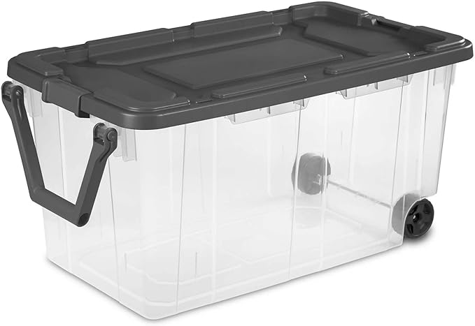 160 Quart Wheeled Stacker, Durable Clear Bin, Latch Lid and Pull Handle, Dark Gray