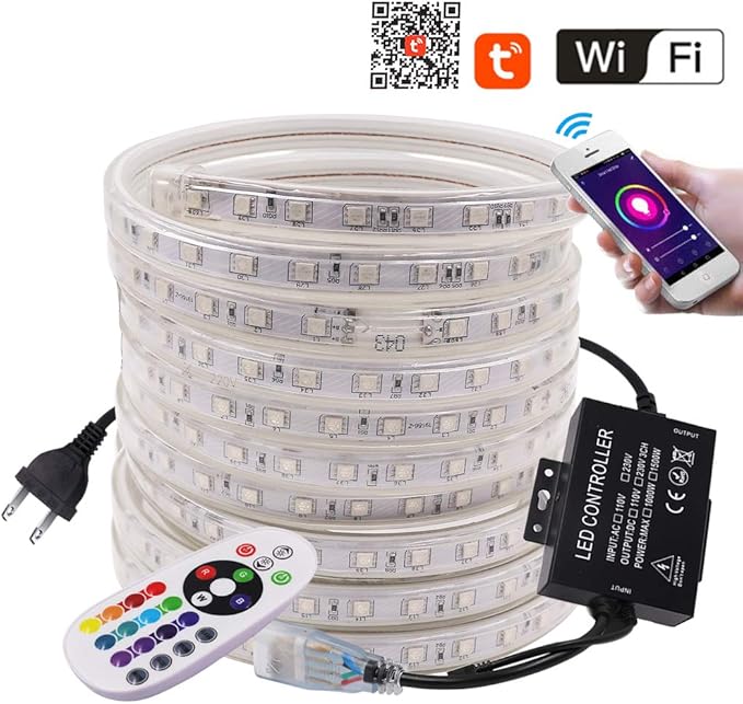 LED Strip Lights, WiFi 110-130V RGB Dimmable Waterproof 5050 60 LED/m Light Strip with 1500W Controller, Compatible with Alexa, Google Home, iOS & Android Music Time Control System(164ft/50m)