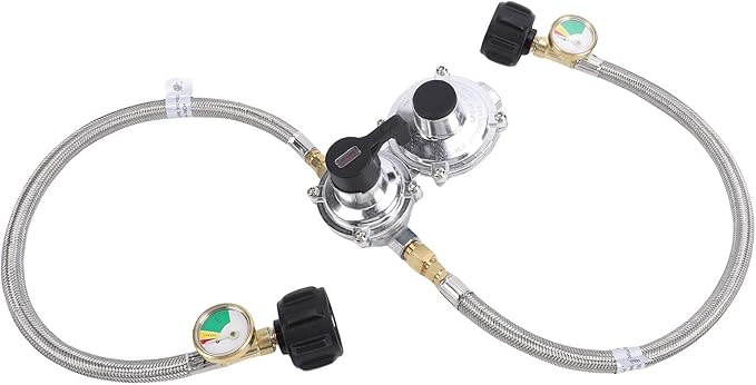 RV Gas Regulator, 2 Stage Auto Changeover LP Gas Regulator with Pressure Meter and 18in Hose, for RVs Trailers Trucks