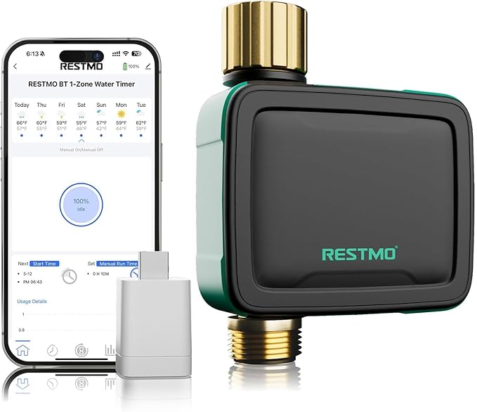 RESTMO Brass Inlet & Outlet Smart Sprinkler Hose Timer with Flow Meter, Water Timer for Garden Hose with APP Remote Control (2.4GHz WiFi Connection), Automatic Drip Irrigation System for Lawn, Yard