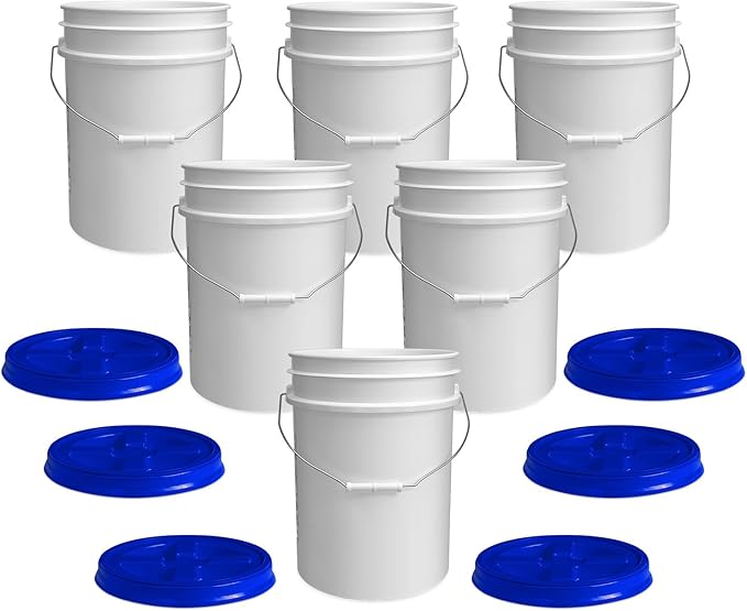 ePackageSupply 5 Gallon Bucket - Food Grade Bucket with Airtight Gamma Seal Screw-On Lid, BPA-Free, Heavy-Duty 90 Mil HDPE Plastic, Bulk Storage, Durable Container, Made in USA, White/Blue, 6 Packs