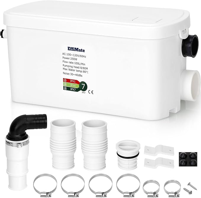 Macerator Pump, Silent 250W Sewage Sump Pump, 6000 L/h Flow, Upflush 26.3ft Head, IPX7, Utility Sink with 2 Inlets for Wastewater Disposal in Basement Shower Bathtub Laundry Kitchen RVs
