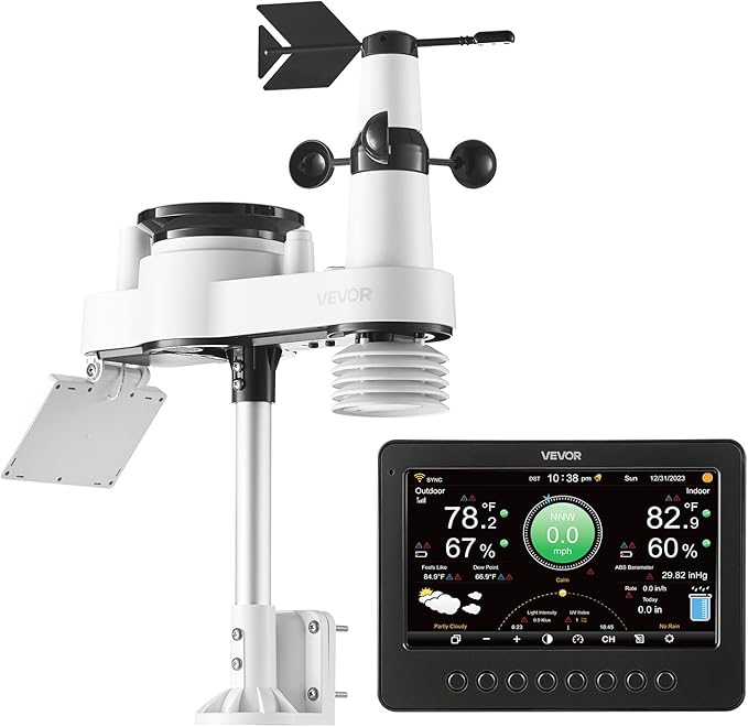 VEVOR 7-in-1 Wi-Fi Weather Station, 7-Inch TFT Display, Wireless Solar Powered Outdoor Sensor, Rain Gauge, Indoor Outdoor for Weather Forecast, Wind Speed Direction, Temperature, Humidity, Rainfall