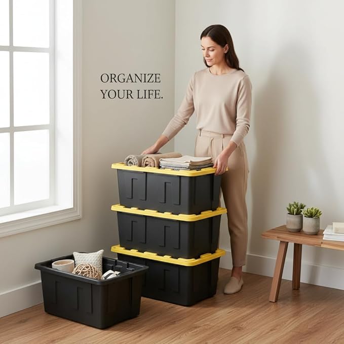 27 Gallon Heavy Duty Storage Container with Lid, Plastic, Durable and reusable, used indoor and outdoor, 20.6" D x 30.6" W x 14.3" H, 4 Pack Or 8 Pack ! (Yellow and Black, 8 Pack)