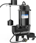 Acquaer Sewage Pump Submersible Water Pump with Automatic Float Switch, for Sump Basin, Residential Sewage, Black, 2'' NPT 3/4 HP 6400 GPH Vert. Float