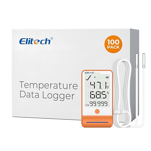 Elitech 100Pack GSP-6 Bluetooth Data Logger Temperature Humidity for Refrigerator with Shadow Data 100000 Points Export PDF/CSV Report, Pharmacy Vaccine DDL Certificate, MAX MIN with Dual Probe