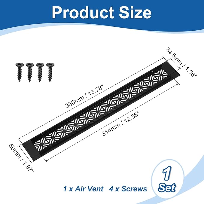 uxcell Aluminum Alloy Air Vents, 350 x 50mm / 13.8 x 2" Rectangle Louvered Ventilation Grille Cover with Mounting Screws for Door Cabinet Wardrobe, Matte Black