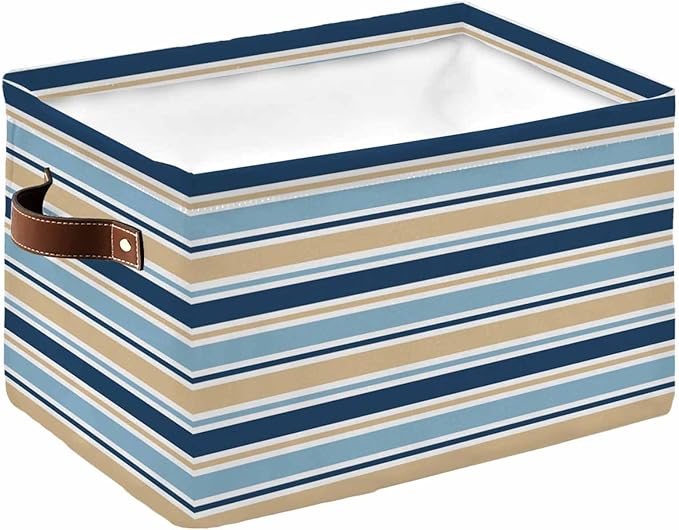 Blue Khaki Striped Storage Bins Cubes Waterproof Cloth Storage Basket,Farmhouse Stripes Modern Abstract Art Foldable Storage Bags for Shelf Clothes Storages Organizers with Handles 15x11x9.5 in 1PCS