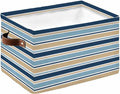 Blue Khaki Striped Storage Bins Cubes Waterproof Cloth Storage Basket,Farmhouse Stripes Modern Abstract Art Foldable Storage Bags for Shelf Clothes Storages Organizers with Handles 15x11x9.5 in 1PCS