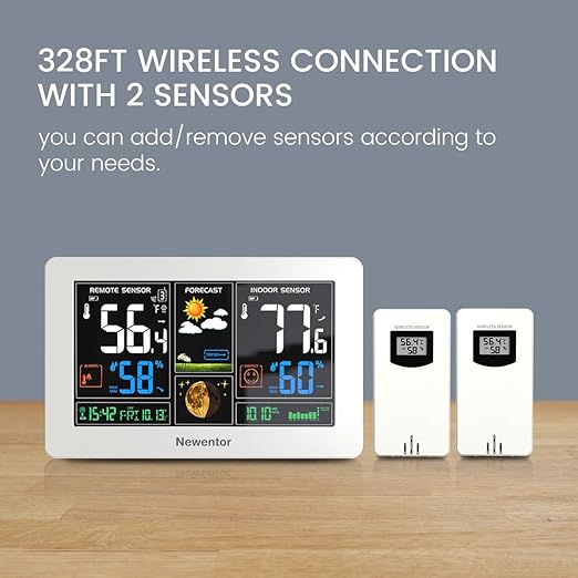 Newentor Weather Station Wireless Indoor Outdoor Thermometer, Color Display Digital Weather Thermometer with Atomic Clock, Barometric Pressure, Forecast Station with Adjustable Backlight,White,2Sensor