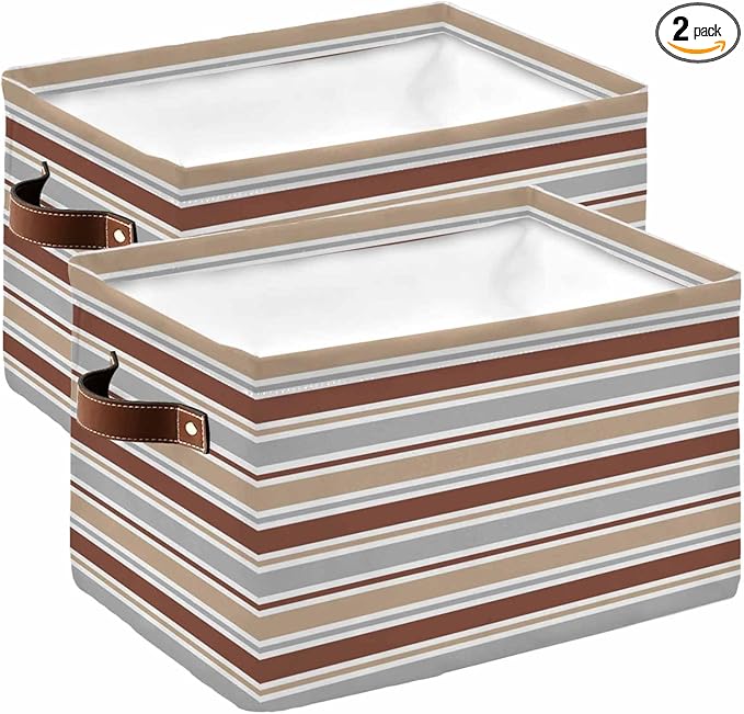 Beige Khaki Striped Storage Bins Cubes Waterproof Cloth Storage Basket,Farmhouse Stripes Modern Abstract Art Foldable Storage Bags for Shelf Clothes Storages Organizers with Handles 15x11x9.5 in 2PCS
